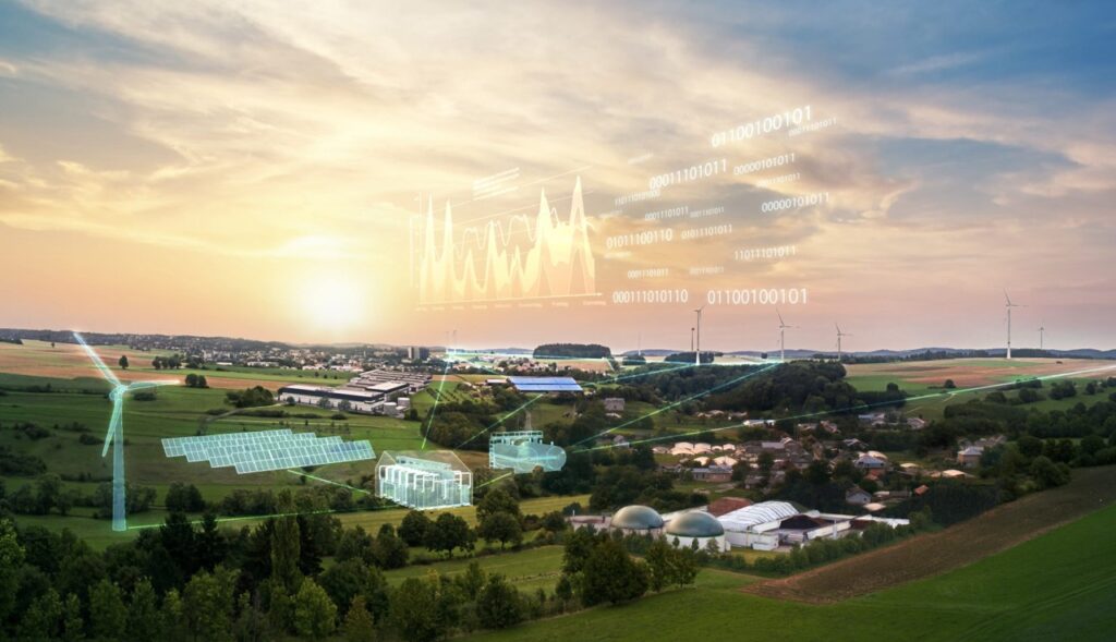 Country side with animations showing future energy production